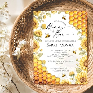 Invitación para baby shower de abejas, invitación de mamá a abeja, tarjeta imprimible de abejas, género neutro, diseño floral bohemio, descarga instantánea