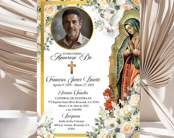 Invitación Funeral Española, En Memoria Amorosa, Celebración Vida, Tarjeta Fúnebre Virgen María, Plantilla Canva Editable e Imprimible