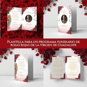 以下が含まれることがあります： 赤いバラとグアダルーペの聖母のイメージが特徴の葬儀プログラムテンプレート。デザインには肖像画、テキスト、装飾要素が含まれています。テキストは「Celebrando la vida de」と「Ana Maria Lopez」と書かれています。