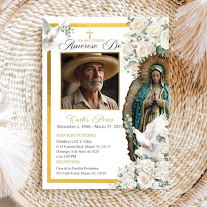 May include: A memorial card featuring a portrait of a man in a straw hat, framed by white roses and an image of the Virgin Mary. The card includes the text "En Recuerdo Amoroso De" and the name "Carlos Perez" with dates and service details.