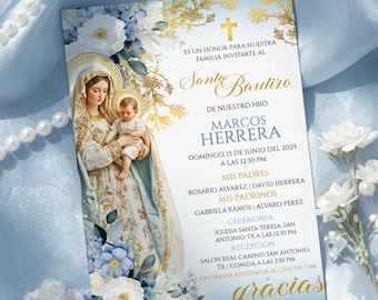 Blue Virgen Mary Niño Baptism Invitation, Editable Baptism Digital Template, Spanish Mi Bautizo Invitación Católica, Niño Christening Invite