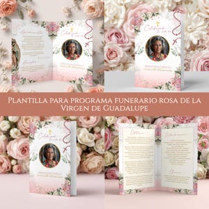 May include: A funeral program template with a floral design. The program features a portrait of a woman, a cross, and the text "Celebrated Life". The text "Maria Elena Castillo" is also visible. The background is a soft pink.