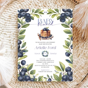 Blueberry Baby Brunch Invitation, Editable Pancake Baby Shower Invitation, Printable Boy or Girl Party, Berry Baby Shower Digital Invitation