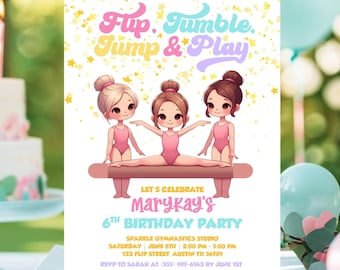 Gymnastics Birthday Invitation for Girls, Editable Template, Gymnastic Party Invite, Tumble & Flip Birthday Invite, Kids Gymnastics Party