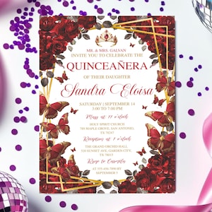 Piante di invito per 15 anni, Fiesta de Quinceañera, invito stampabile con farfalla floreale rosso bordeaux oro modificabile Mis Quince Anos