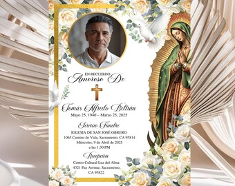 Tarjeta Funebre Española, En Memoria Amorosa, Virgen María Floral, Plantilla Funeral Católico, Spanish Funeral, Celebración de Vida editable