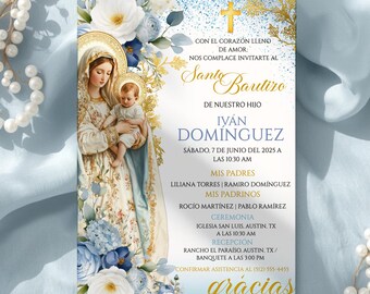 Azul Virgen Mary Niño Bautizo inbjudningsmall, redigerbar Azul katolsk inbjudan, digital spanska Mi Bautizo Tarjeta, blå doppojke