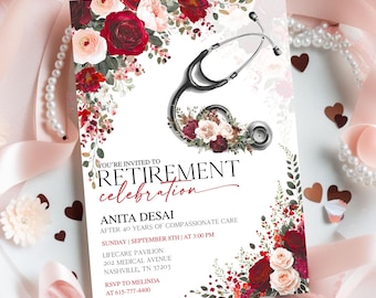 Invitación imprimible para jubilación de enfermera, plantilla editable para fiesta de jubilación de médico con tema rojo, invitación sorpresa de Canva para fiesta de jubilación de enfermera