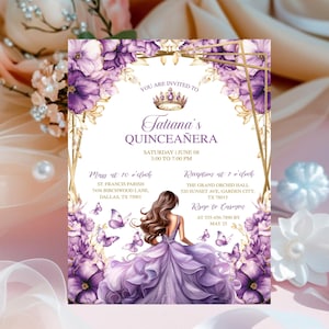 Purple Lilac Gold Butterfly Princess Quinceañera Invitation, Mis Quince Años Template, Digital Invite Card, Lilac Purple Gold Editable Canva