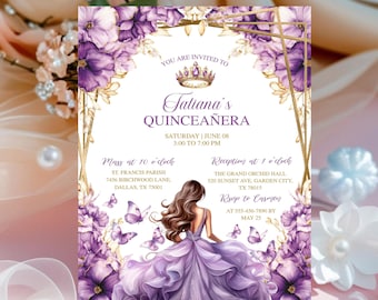 Purple Lilac Gold Butterfly Princess Quinceañera Invitation, Mis Quince Años Template, Digital Invite Card, Lilac Purple Gold Editable Canva