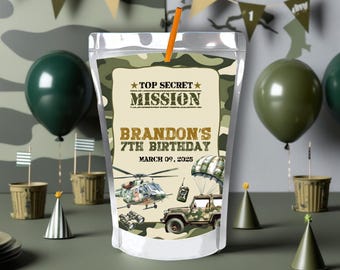 Editable Military Army Juice Pouch Label, Camo Birthday Party Decor, Soldier Party Supplies Printable Drink Wraps, Instant Download CBP002