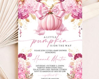Fall Pink Pumpkin Baby Shower Invitation Girl, Editable Pink Bow Autumn Baby Shower Invite Template, Little Pumpkin Shower, Digital Download