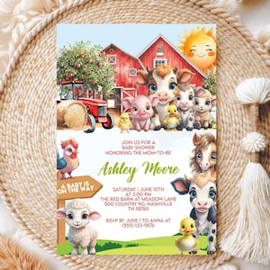 Barnyard Animals Baby Shower Invitation Template Editable Canva, Farm Ranch Boy Invite, Farm Baby Shower Invitation, Instant Download