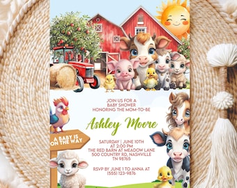 Plantilla editable de Canva para baby shower de animales de granja, invitación de granja para niño, invitación de granja para baby shower, descarga instantánea