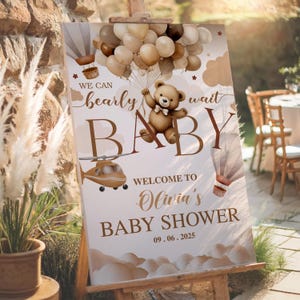 We Can Bearly Wait Baby Shower Welcome Sign Template, Editable Brown Bear Balloon Poster, Teddy Bear Boy Baby Shower Party Sign Printable