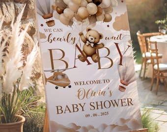 We Can Bearly Wait Baby Shower Welcome Sign Template, Editable Brown Bear Balloon Poster, Teddy Bear Boy Baby Shower Party Sign Printable