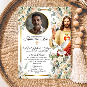 May include: A memorial card with a photo of a man and an illustration of Jesus. The card features floral accents, gold borders, and text in Spanish, including the name Rafael Gabriel Ortega and service details.