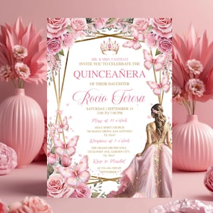 Editable Pink Quinceañera Invitation, Rose Gold Tiara, Floral Butterfly, Mis Quince Anos, 15th Birthday Party Invite Template, Pink Quince