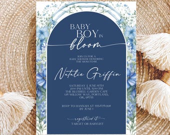 Baby in Bloom Shower Invite for Boy, Editable Blue Template, Boho Wildflower Printable, Baby Shower Invitation Blue Flowers, Baby Boy Invite