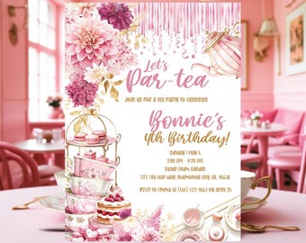 Tea Party Birthday Invitation Editable, Pink Floral Par-Tea Invite for Girls, Garden Tea Party Printable, Par-tea Invite Template, Tea Party