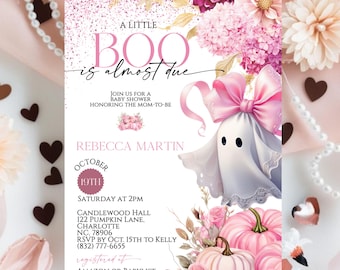Halloween-Babyparty-Einladungsmädchen, ein kleiner Boo ist fast fällig bearbeitbares einladen, rosa Schleifen-Geist-Thema, Canva-Vorlage Digitaler Download
