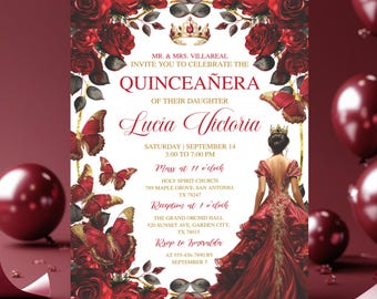 Invitaciones De Quinceañera, Editable Burgundy Red and Gold, Butterfly Floral Template, Mis Quince Años, 15th Birthday Party Invite Download