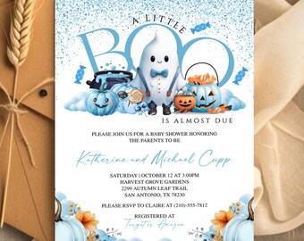 Peut inclure: Une invitation à une baby shower sur le thème d'Halloween. Elle présente un fantôme de dessin animé, des citrouilles et le texte "A Little Boo Is Almost Due". L'invitation est dans les tons de bleu et d'orange.