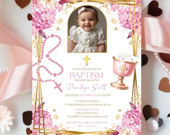 Floral Wildflower Baptism Invitation Template Girl, Christening Invitation, Editable Dusty Pink Printable in Canva