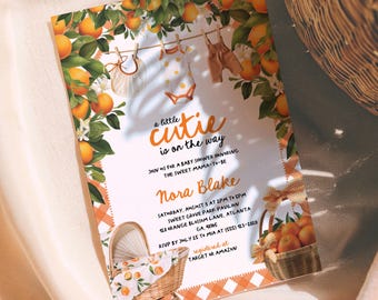 Une petite mignonne est sur le chemin Invitation baby shower, invitation orange baby shower, baby shower orange agrumes non sexiste, téléchargement immédiat