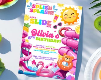 Editable Water Slide Birthday Invitation, Pink Waterslide Birthday Invitation, Girls Splash Party, Summer Pool Party Invite Instant Download