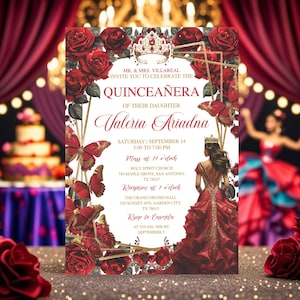 May include: A quinceañera invitation with a red and gold floral design. The invitation features the text "Quinceañera" and the name "Valeria Ariadna". The design includes roses, butterflies, and a silhouette of a woman in a red gown.