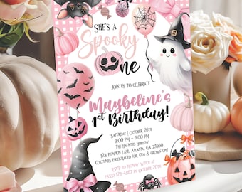 Editable Spooky One Birthday Invitation Pink Halloween Girl, Ghost 1st Birthday Party Invite, Little Boo Day Digital Template Download Canva