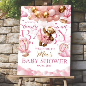 Editable Boho Bear Baby Shower Welcome Sign, We Can Bearly Wait Pink Girl Teddy Bear Balloon Poster, Baby Shower Decor Sign Digital Download