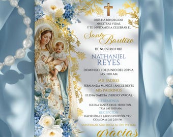Editable Azul Niño Virgen Mary Baptism Invitation Template, Mi Bautizo Invitación en Español, Catholic Digital Spanish Christening Invite