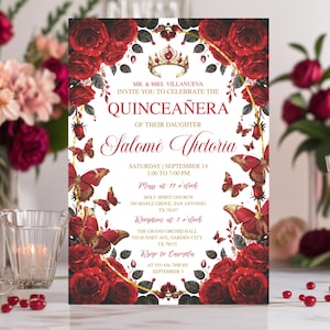 Invitaciones De XV Años Modernas Fiesta de Quinceañera Modello floreale modificabile farfalla oro rosso bordeaux Mis Quince Anos Download immediato