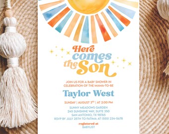 May include: A baby shower invitation with a watercolor sun design in orange, yellow, and blue. The text "Here comes the Son" is displayed in a playful font. Details include the date, time, location, and RSVP information.