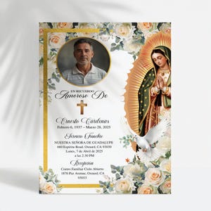 May include: A memorial card featuring a portrait of a man, framed by a gold border and floral accents. The card includes text in Spanish, a cross, and an image of Our Lady of Guadalupe with a white dove.