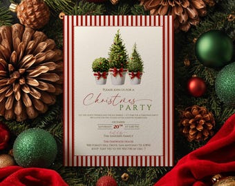 May include: A Christmas party invitation with a red and white striped border. The invitation features watercolor illustrations of potted Christmas trees with red bows. The text reads "Please join us for a Christmas Party" and includes event details.