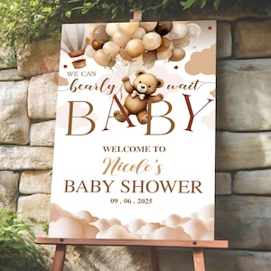 Editable Brown Bear Balloon Baby Shower Welcome Sign, We Can Bearly Wait Poster Sign, Boho Teddy Bear Baby Boy Shower Party Decor Template