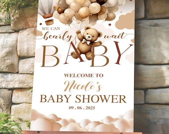 Editable Brown Bear Balloon Baby Shower Welcome Sign, We Can Bearly Wait Poster Sign, Boho Teddy Bear Baby Boy Shower Party Decor Template