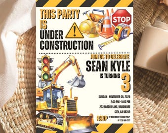 Printable Construction Birthday Invitation Editable Canva Dump Truck Party Invite Boy Outdoor Digital Excavator Modern Mobile Bday