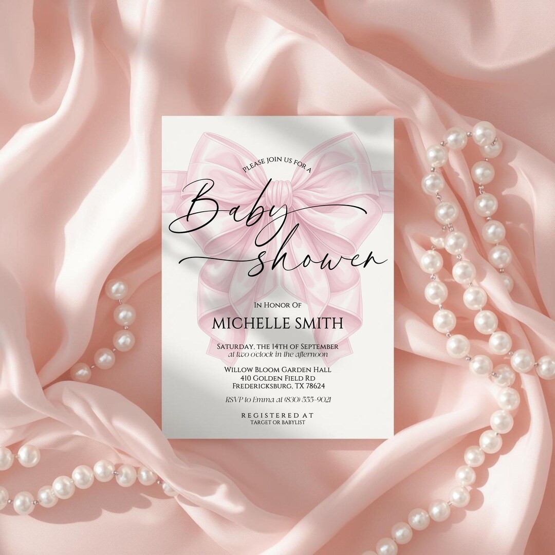 Editable Blush Pink Bow Baby Shower Invitation, Coquette Pink Bow Baby ...