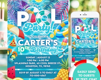 Editable Pool Party Invitation, Summer Birthday Party Evite, Neon Summer Pool Party Evite, Text Invitation Electronic Invite Canva CBP001