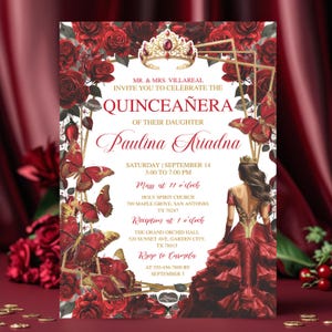 Butterfly Quinceañera Invitation, Editable Burgundy Gold, Floral Tiara Design, Mis Quince Anos, Sweet 16, Printable Birthday Invite Download