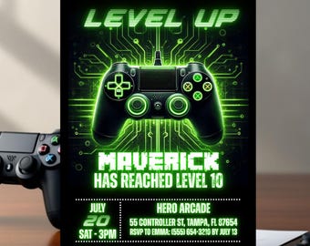 ビデオゲームをテーマにした招待状、ゲーマーボーイテンプレート、ゲーマー誕生日招待状、レベルアップ編集可能テンプレート、デジタル印刷可能な子供誕生日パーティー