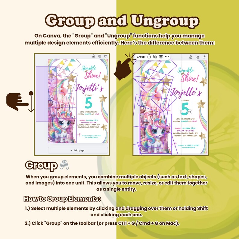 Peut inclure: Graphique de tutoriel Canva intitul&eacute; "Grouper et D&eacute;grouper". Il montre deux mod&egrave;les d'invitations de f&ecirc;te avec une licorne, un ch&acirc;teau et du texte. Le texte explique comment grouper des &eacute;l&eacute;ments dans Canva. Des instructions sont incluses.