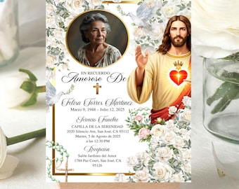 Jesus Christ Floral Memorial Invite, Editable Spanish Catholic Funeral Card En Memoria Amorosa, Funeral Invite, Jesús Cristo Tarjeta Funebre