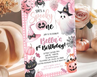 Spooky One Halloween Invitation Girl Editable, Pink Ghost 1st Birthday Party Invite, Little Boo Day Digital Birthday Printable Card Download