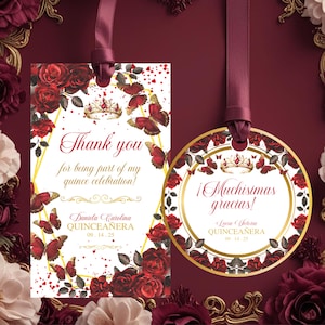 Editable Mis Quince Anos Gracias Tag, Burgundy Red & Gold Party Favor Label, Quinceanera Thank You Tag Gift, Gracias Tags Quince Gift Tag