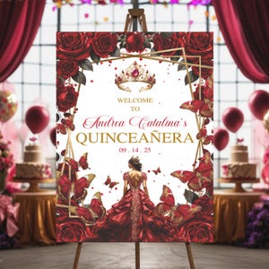 Sinal de boas-vindas de Quinceañera Bienvenidos, pôster editável de Mis Quince Años, Borgonha e dourado editável, pôster de boas-vindas de rosa vermelha, Mis Quince Anos